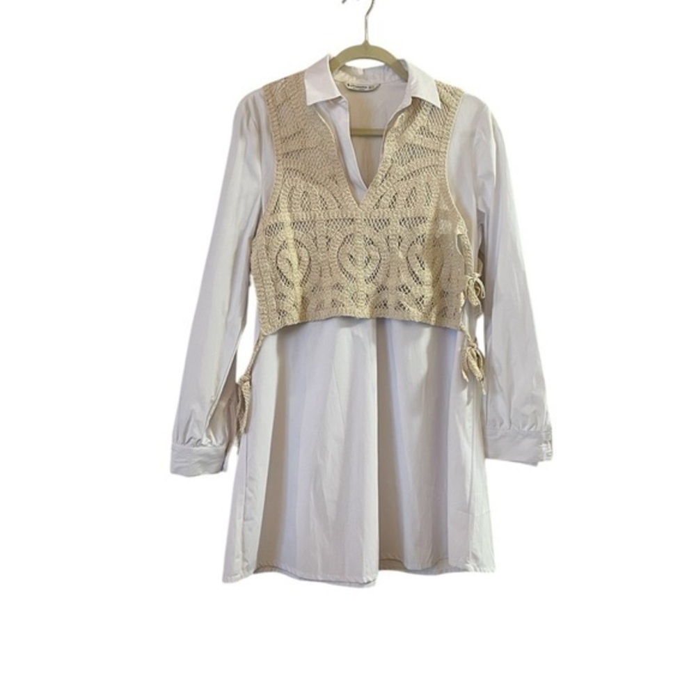 NWOT STRADIVARIUS long white tunic blouse w/ natural crocheted vest, M